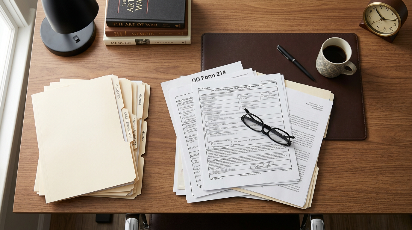 A veteran organizing claim paperwork and medical evidence